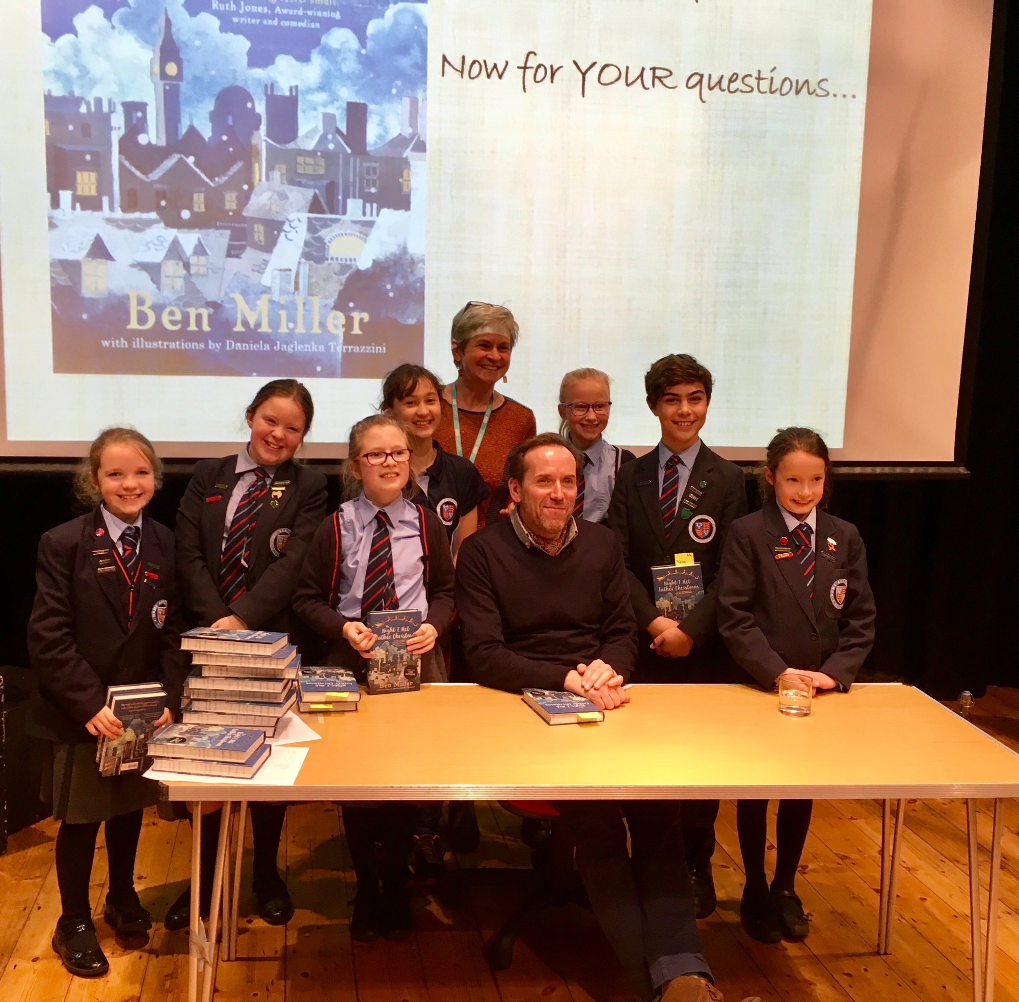 Ben Miller poses with Dame Bradbury's pupils. 