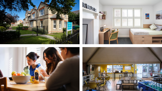Images of the boarding house, a boarding room, the dining room and a common room