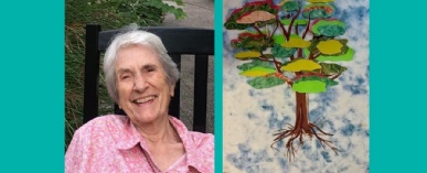 Lore sits on a wooden garden bench smiling at the camera, in a pink shirt and grey-haired. To her right is an image of her collage art work of a tree.